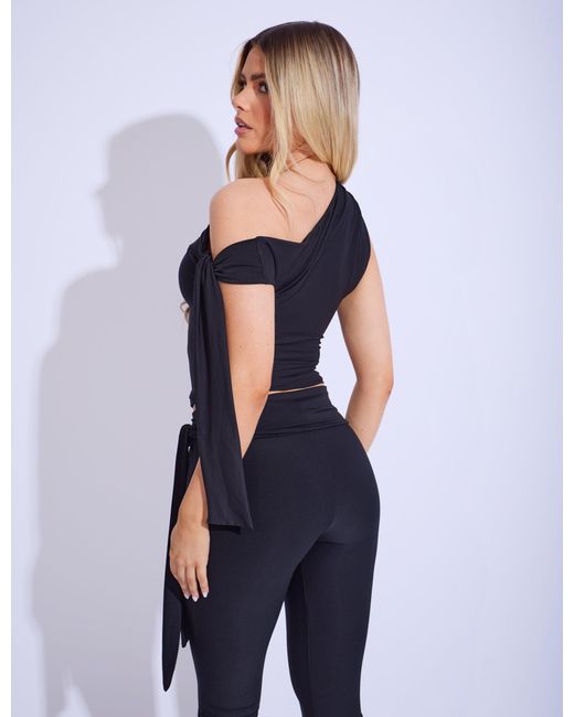 Public Desire Blue Knot Detail Asymmetric One Shoulder Luxe Slinky Top Black