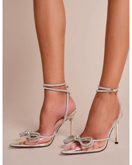 Public Desire Brown Midnight Clear Perspex Wide Fit Wrap Around Sparkly Diamante Bow Pointed Toe High Heel
