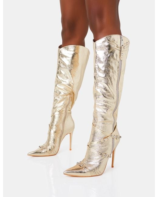 Public Desire White Worthy Metallic Gold Studded Zip Detail Pointed Toe Stiletto Knee High Boots