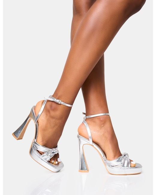 Public Desire White Trendsetter Silver Knot Detail Flare Platform Heels