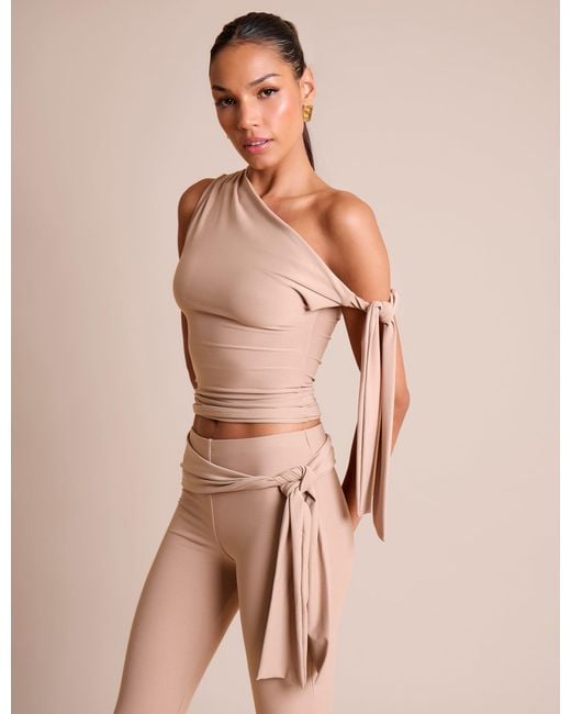 Public Desire Natural Knot Detail Asymmetric One Shoulder Luxe Slinky Top Stone