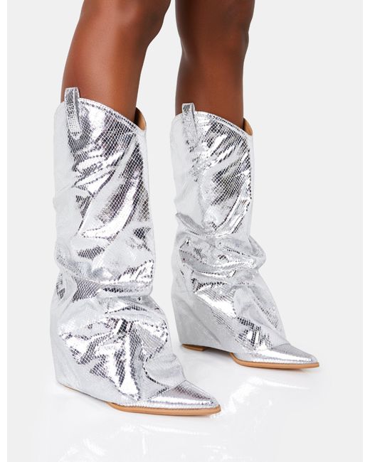 Public Desire White Sheriff Silver Metallic Snake Pu Western Inspired Fold Over Pointed Toe Block Cowboy Knee High Boots