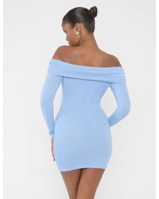 Public Desire Long Sleeve Off The Shoulder Bardot Mini Dress Blue