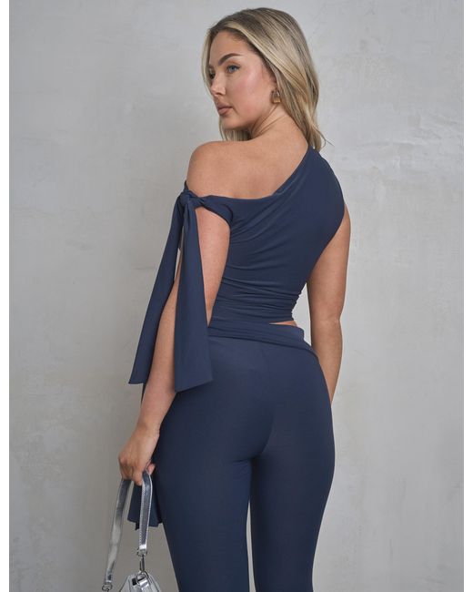 Public Desire Blue Knot Detail Asymmetric One Shoulder Luxe Slinky Top Navy
