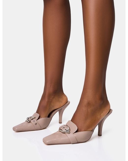 Public Desire Brown Macchiato Taupe Western Buckle Detail Mid Heel Mules