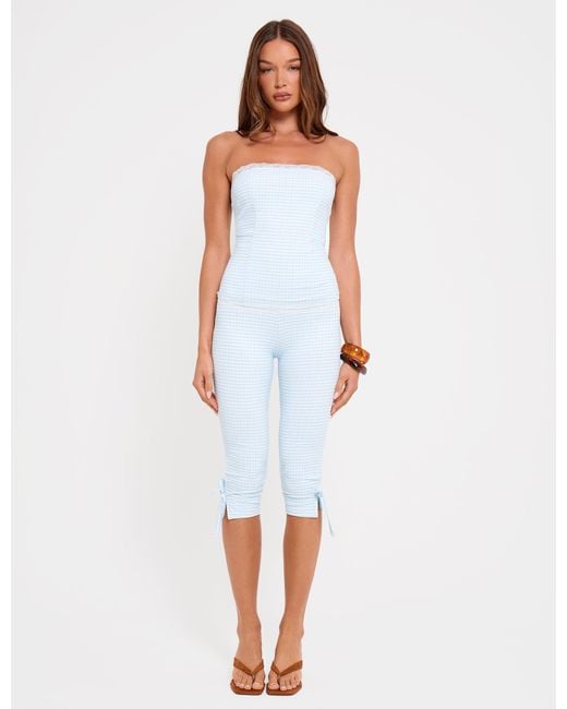 Public Desire Natural Gingham Lace Trim Capri Pant With Bow Tie Blue And White