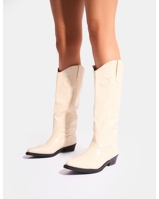 Public Desire White Apollo Cream Stitch Flat Western Knee High Boots