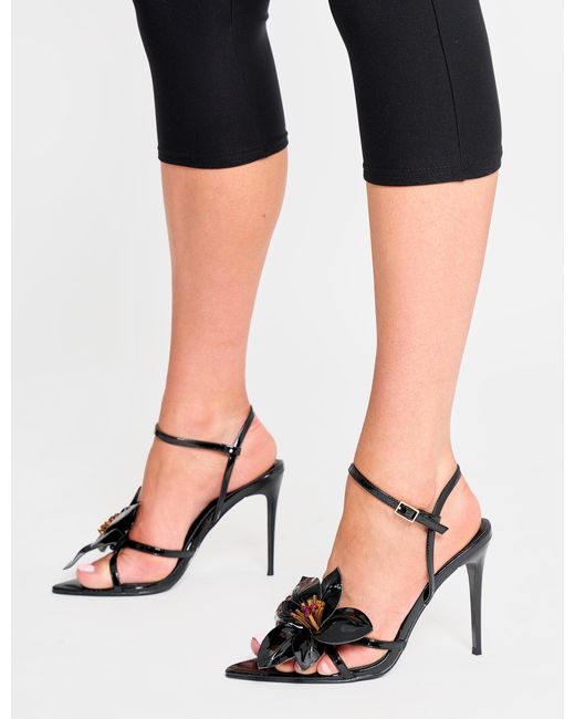 Public Desire Ondine Black Patent 3d Floral Barely There Stiletto High Heels