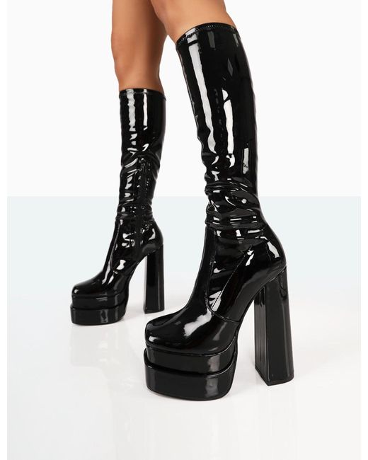 Public Desire Passive Black Patent Square Toe Platform Block High Heel Over The Knee Boots