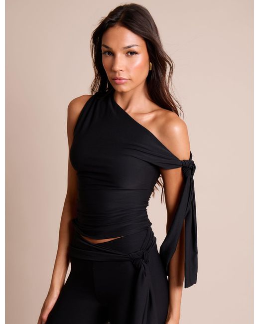 Public Desire Blue Knot Detail Asymmetric One Shoulder Luxe Slinky Top Black
