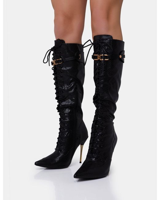 Public Desire White Infatuated Black Croc Lace Up Buckle Feature Stiletto Knee High Boots
