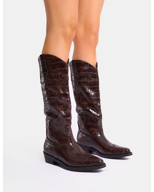 Public Desire Multicolor Apollo Brown Croc Flat Western Knee High Boots