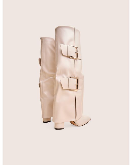 Public Desire Natural River Ecru Double Buckle Detail Pu High Knee Boots
