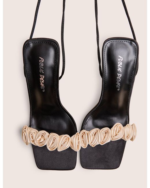 Public Desire Natural Marigold Black Satin Cream Rose Detail Lace Up Heels