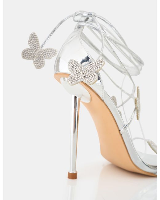 Public Desire White Pageant Queen Silver Mirror Diamante Butterfly Detail Lace Up Pointed Toe High Heels