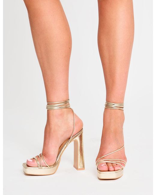 Public Desire White Eilish Gold Mirror Lace Up Strappy Platform Block High Heels