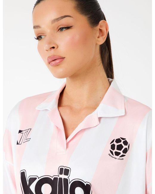 Public Desire White Kaiia Collared Oversized Football Shirt Pink Stripe