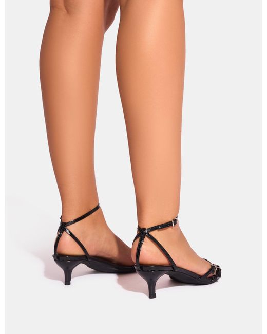Public Desire White Bimi Black Buckle Detail Toe Post Kitten Heels