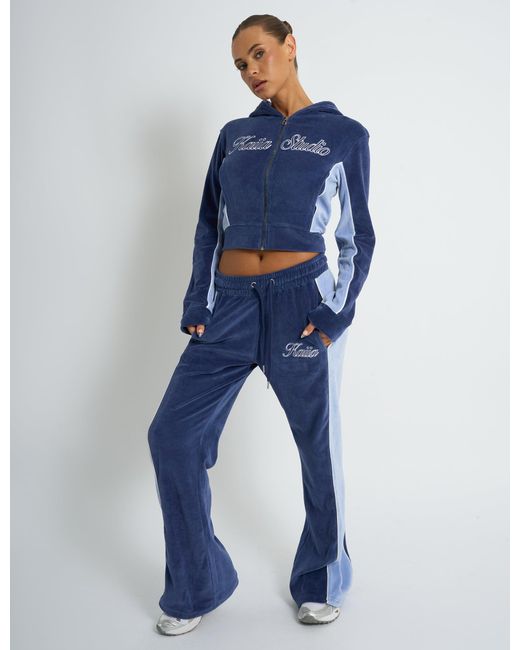 Public Desire Blue Kaiia Script Logo Panelled Velour Wide Leg Joggers Navy