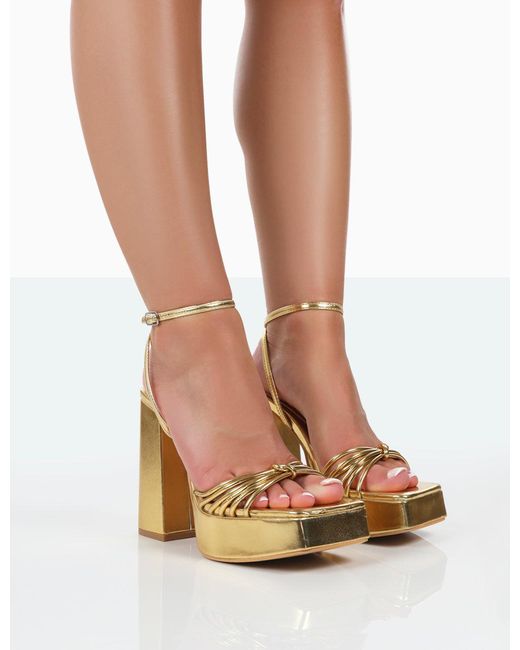 Public Desire Boujee Gold Metallic Square Toe Strappy Block Heels