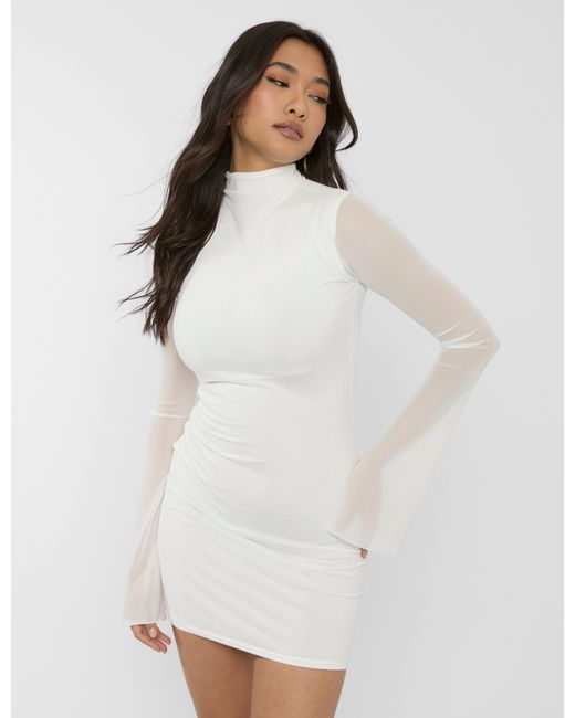 Public Desire Mesh High Neck Long Sleeve Mini Dress White
