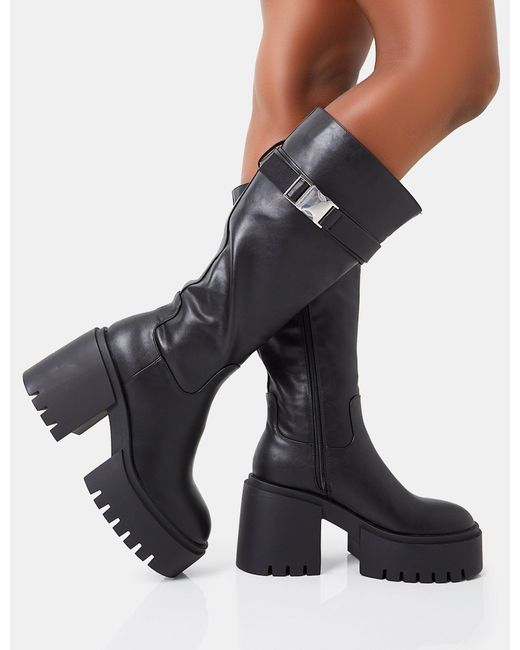 Public Desire Alaska Black Pu Calf Strap Buckle Detailed Knee High Chunky Sole Block Heel Boots