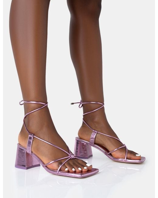 Public Desire Brown Aloha Pink Metallic Lace Up Block Mid Heeled Sandals