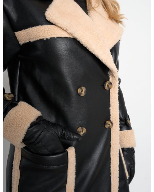 Public Desire Multicolor Borg Lined Faux Leather Maxi Aviator Coat Black