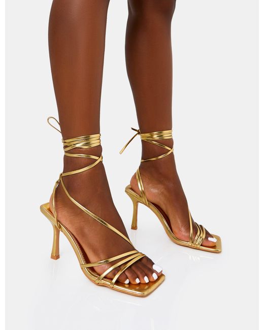 Public Desire Brown Divine Gold Wide Fit Pu Strappy Lace Up Square Toe Mid Stiletto Heels