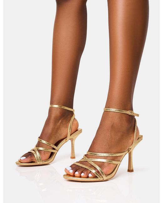 Public Desire Brown Free Spirit Wide Fit Gold Strappy Round Toe Mid Heels