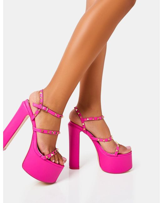 Public Desire Stefania Hot Pink Studded Cage Platform Round Toe Block Heels