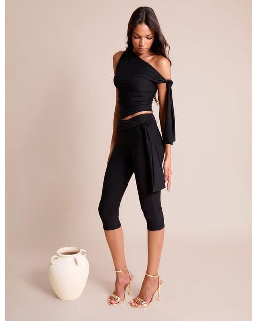 Public Desire Blue Knot Detail Tie Side Luxe Slinky Capri Pants Black