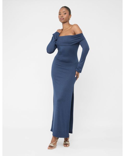 Public Desire Blue Long Sleeve Off The Shoulder Bardot Maxi Dress Navy