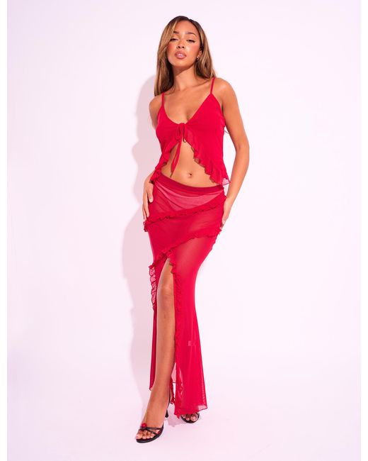 Public Desire Frill Detail Mesh Tie Front Top Co-ord Red
