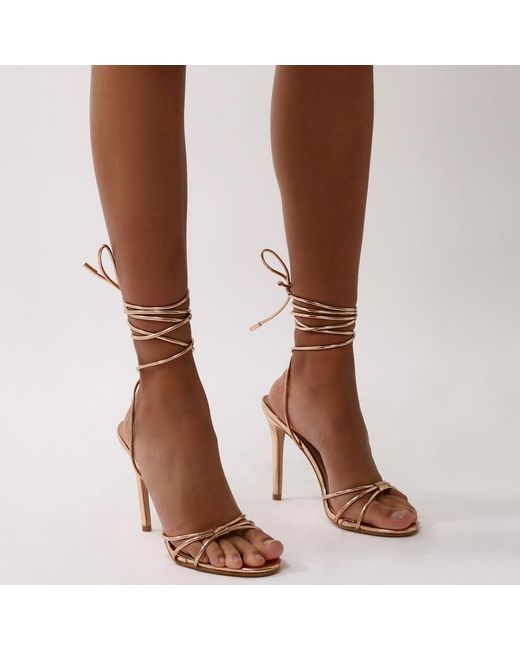 Public Desire Brown Copper Lace Up Heels In Rose Gold