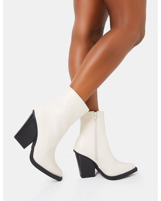 Public Desire Jessie White Pu Western Black Contrast Sole Block Heeled Ankle Boots