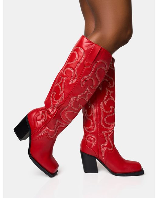 Public Desire Austine Red Western Block Heel Knee High Boots