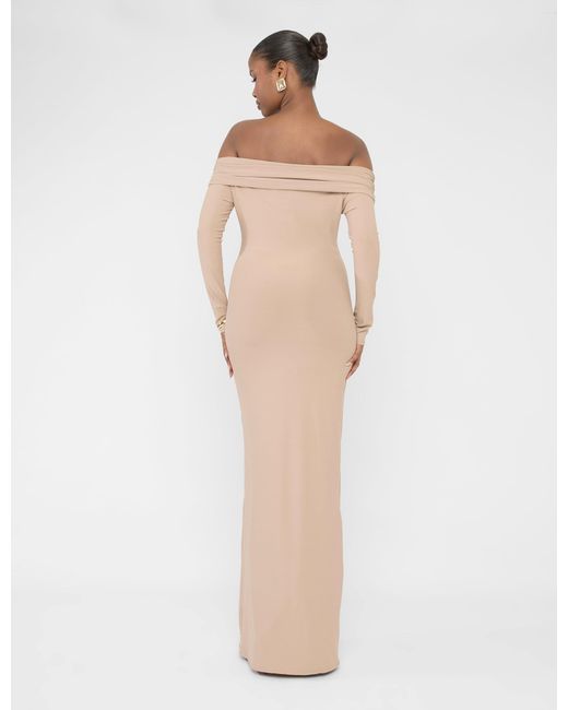 Public Desire Gray Bardot Luxe Slinky Maxi Dress Latte