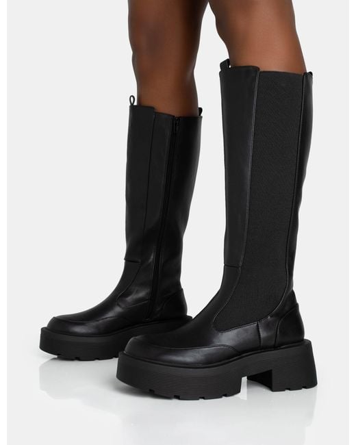 Public Desire Evergreen Black Knee High Elasticated Detail Chunky Heeled Sole Boots
