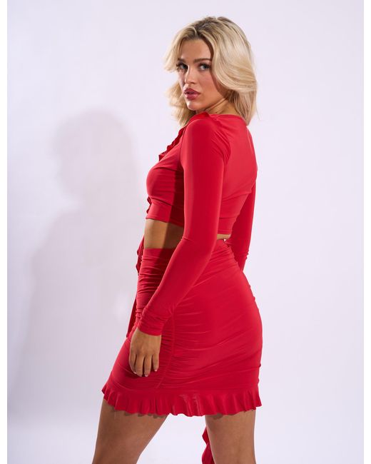 Public Desire Frill Detail Tie Front Cardigan Top Red