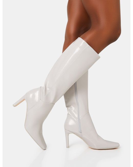 Public Desire White Pose Grey Textured Patent Pu Zip Up Knee High Slim Block Heeled Boots