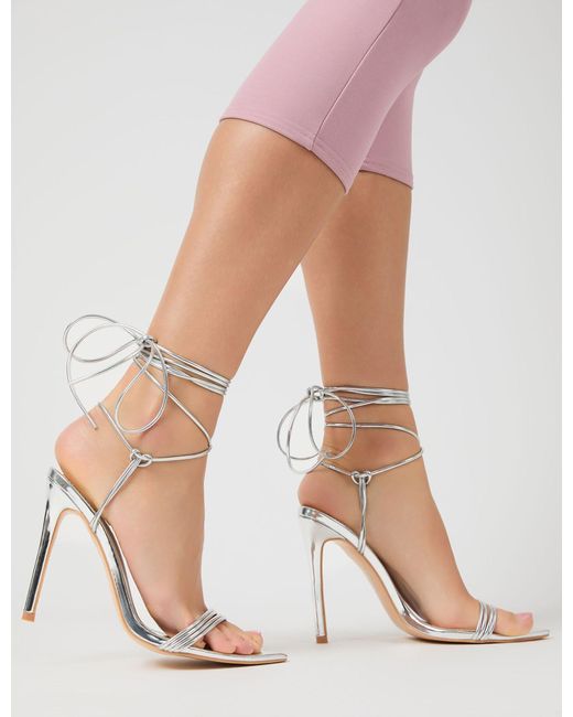Public Desire Natural Merlot Mirror Silver Pu Lace Up Wrap Around Pointed Toe Stiletto Heels