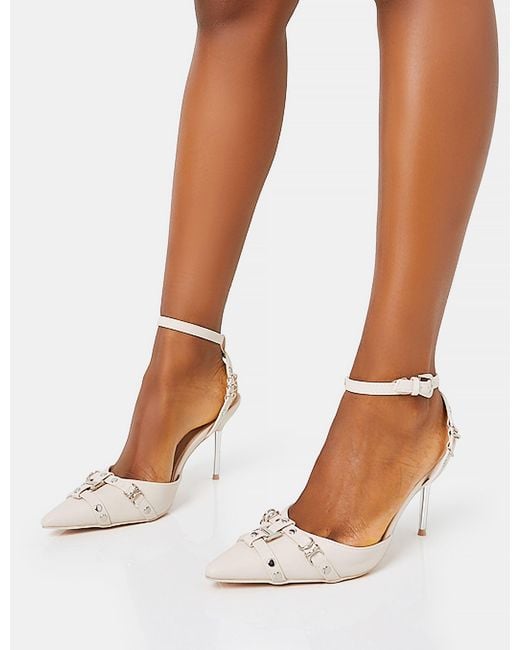 Public Desire Brown Prowl Cream Pu Strappy Metal Detailed Slingback Wrap Around The Ankle Pointed Court Stiletto Heels
