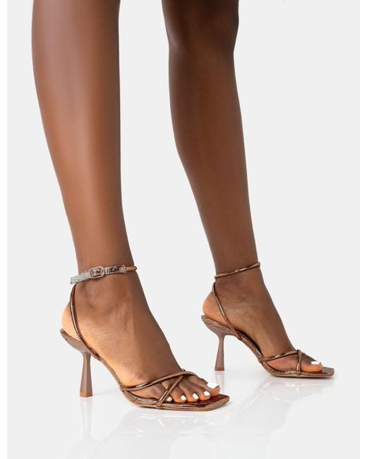Public Desire Brown Bree Bronze Pu Barely There Square Toe Mid Stiletto Heels