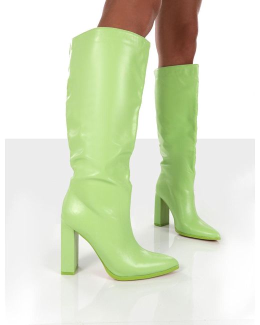 Public Desire Far Away Lime Grain Pu Square Toe Knee High Block Boots