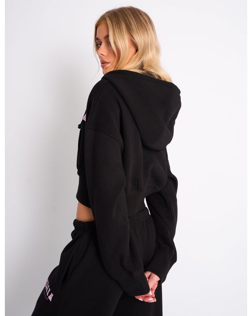 Public Desire Kaiia Slogan Cropped Zip Up Hoodie Black & Pink