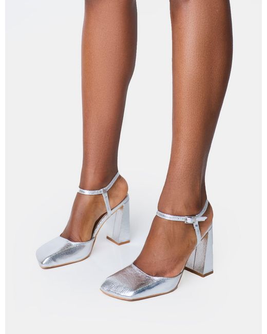 Public Desire White Leighton Cracked Silver Slant Toe Block Heels