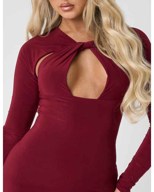Public Desire Red Twist Detail Plunge Mini Dress Burgundy
