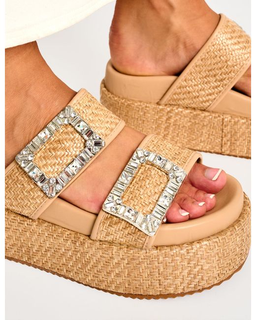 Public Desire White Bettie Natural Rattan Diamante Buckle Detail Flatform Slider Sandals