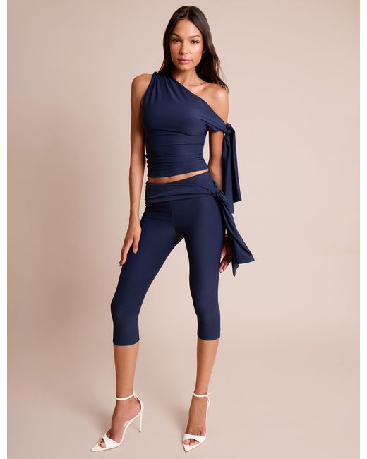 Public Desire Blue Knot Detail Tie Side Luxe Slinky Capri Pants Navy